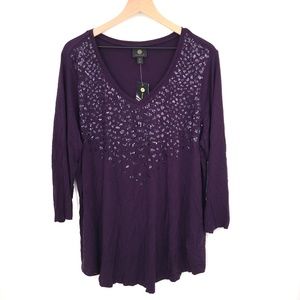 NEW JM Collection Sequined v-neck Top long sleeve jersey blouse Purple 0X women